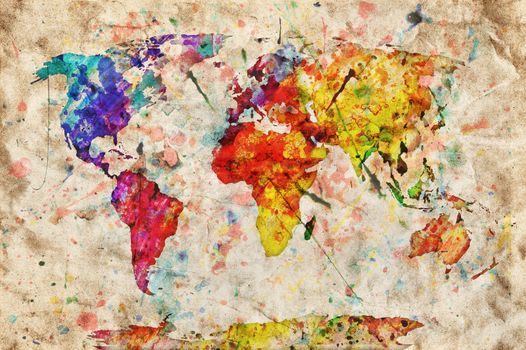 Vintage world map. Colorful paint, watercolor, retro style expression on grunge, old paper.