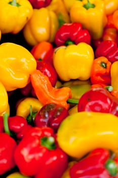 fresh healthy red yellow geen paprika pepper macro closeup market outdoor