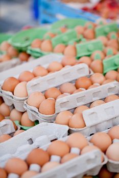 group of brown eggs in carton box closeup market outdoor