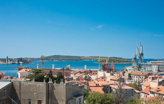 View of the city and the bay from the hill Kastel. Pula. Croatia