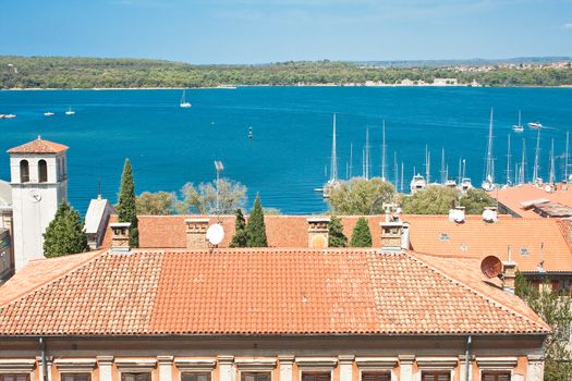 View of the city and the bay from the hill Kastel. Pula. Croatia