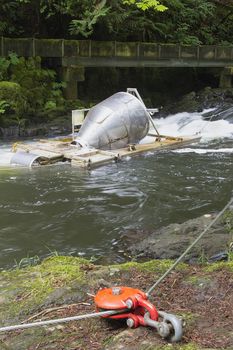 Rotary Screw Trap Device Used by United States Washington Fish and Wildlife Department Along River to Catch and Release Downstream Outmigrants Fishes for Research at Cedar Creek