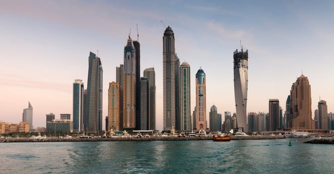 Skyscrapers in Dubai Marina at sunset, United Arab Emirates