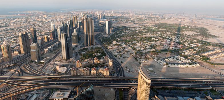 Skyscrapers in Dubai. View from the lookout Burj Khalifa. United Arab Emirates