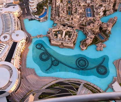 View on Dubai Fountain from the lookout Burj Khalifa. United Arab Emirates