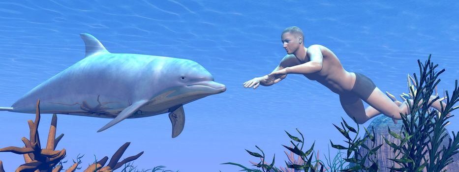 Man swimming underwater in front of a dolphin into the ocean