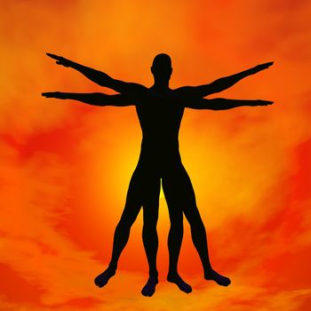 Shadow of Vitruvian human or man as concept designed by Leonardo da Vinci, red sunset background