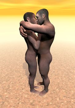 Couple male and female homo erectus hugging in the desert