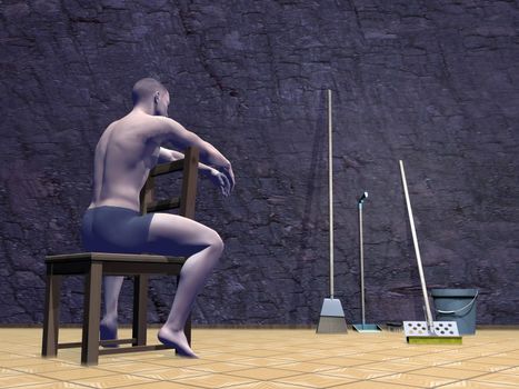 Perplexed man sitting on a wooden chair in front of cleaning tools