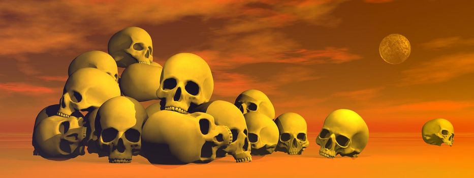 Pile of skulls in cloudy red background with full moon