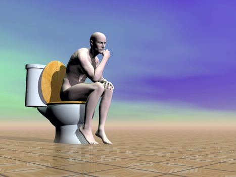 Naked man sitting on the toilet in brown background