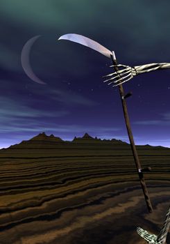 Scythe held into skeleton hand walking by night in nature