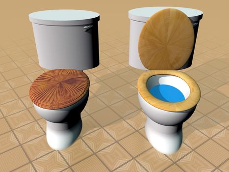 Open and closed toilets on brown tiles
