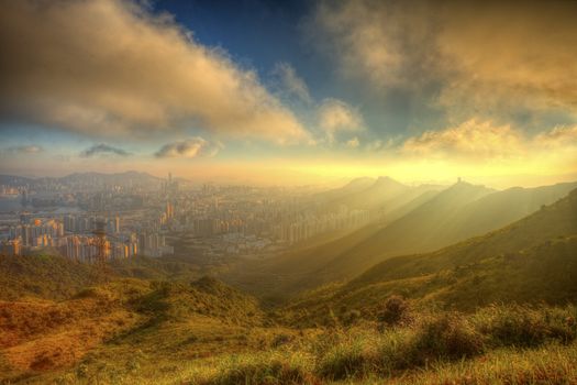 Mountain sunset in Kowloon, Hong Kong.