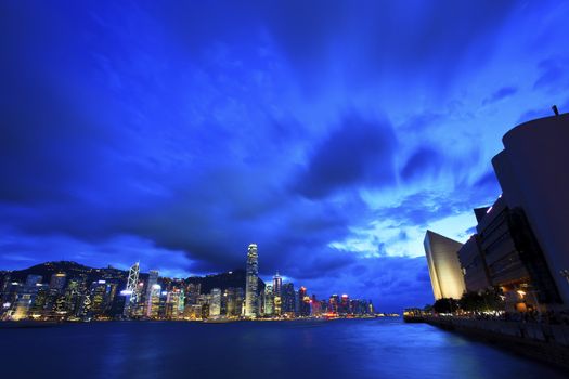 Kowloon harbor in Hong Kong at night