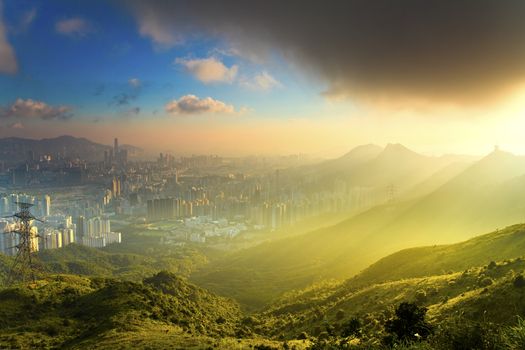 Mountain landscape at sunset in downtown Hong Kong