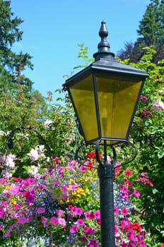 Black lampost in colorful flower garden