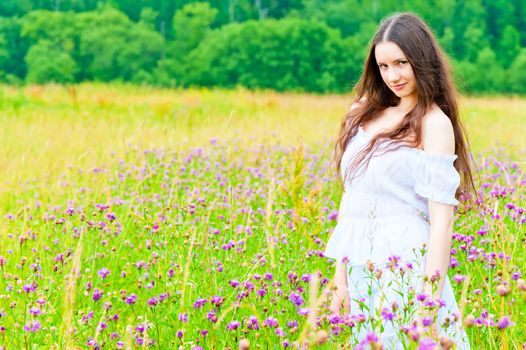 beautiful girl standing in a field with purple cornflowers