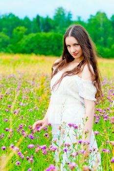 beautiful girl standing in a field with purple cornflowers