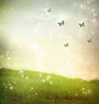 Butterflies in a fantasy landscape - vintage paper style