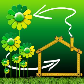Wooden yellow meter tool forming a ecologic house with green stylized flowers and grass