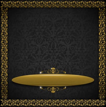 Template of aged gray velvet and texture with ornate floral seamless and golden plaque