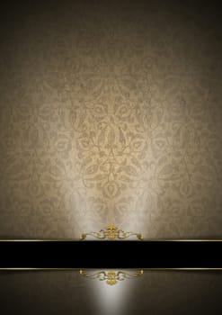 Template of aged brown texture with ornate floral seamless and black and golden plaque

