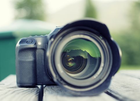 The reflection of the mountain in the camera