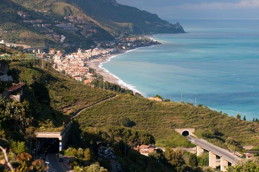 Beautiful coast of Sicily. View from Taormina, famous tourist resort, the most luxury town on Sicilian coastline, Sicily, Italy