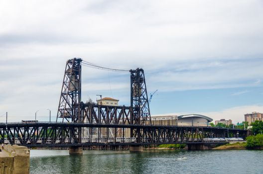The Steel Bridge in Portland, Oregon going over the Willamette River