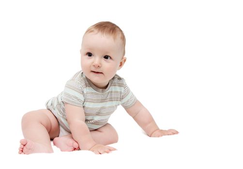 beautiful happy baby boy sitting on white background