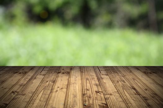 natural backdrop with wooden terrace and view to the park ( defocused )