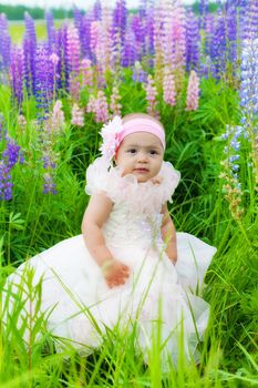 Little girl in an elegant dress sits on a grass