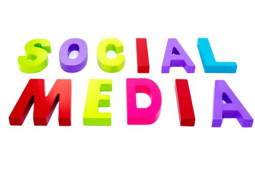 social media in red green pink text on isolated white background