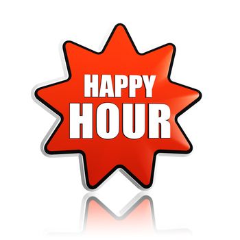 happy hour button - text in 3d red star label with white letters, business concept