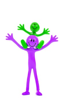 The pink smiling man and green son. Isolated on white.