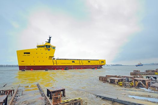 launching ceremony of a ship in the Galati shipyard on danube