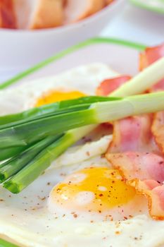 Traditional breakfast with bacon and fried eggs