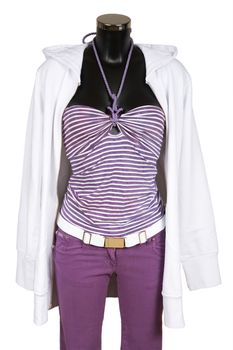 White coat with a hood and violet jeans