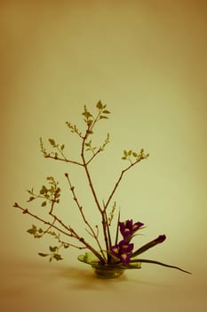 Ikebana with irises and lilac on yellow background