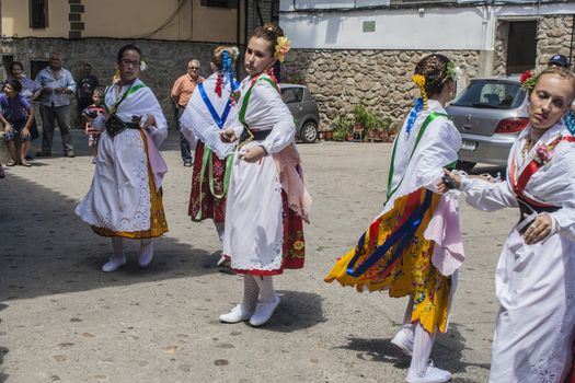 Dance of Las Italinas, also known as Dance of the Gypsy of Caceres village of Garganta la Olla. The dances are performed by eight women, a dance teacher or "father" and the drummer accompanies the festivities in honor of the Visitation of the Virgin, July 1, 2013, 