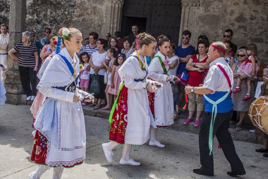 
Dance of Las Italinas, also known as Dance of the Gypsy of Caceres village of Garganta la Olla. The dances are performed by eight women, a dance teacher or "father" and the drummer accompanies the festivities in honor of the Visitation of the Virgin, July 1, 2013, 