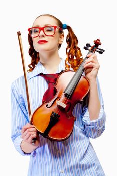 Young funny woman in red glasses holding violin