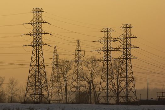 A group of power lines when the sun is raising