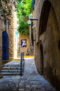 The old narrow small streets of Jaffa,Israel,historic building