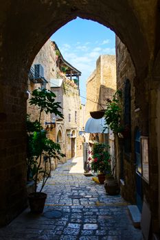 The old narrow small streets of Jaffa,Israel,historic building