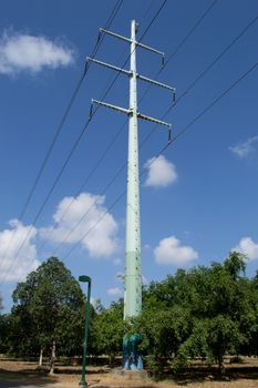 Electric wires in cloudy sky and trees