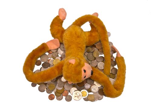 Pile of coins and a monkey isolated on white background