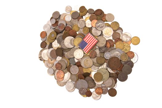 American flag on a  pile of coins isolated on white background