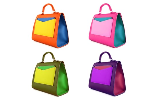 Set of multicolored female bags on a white background